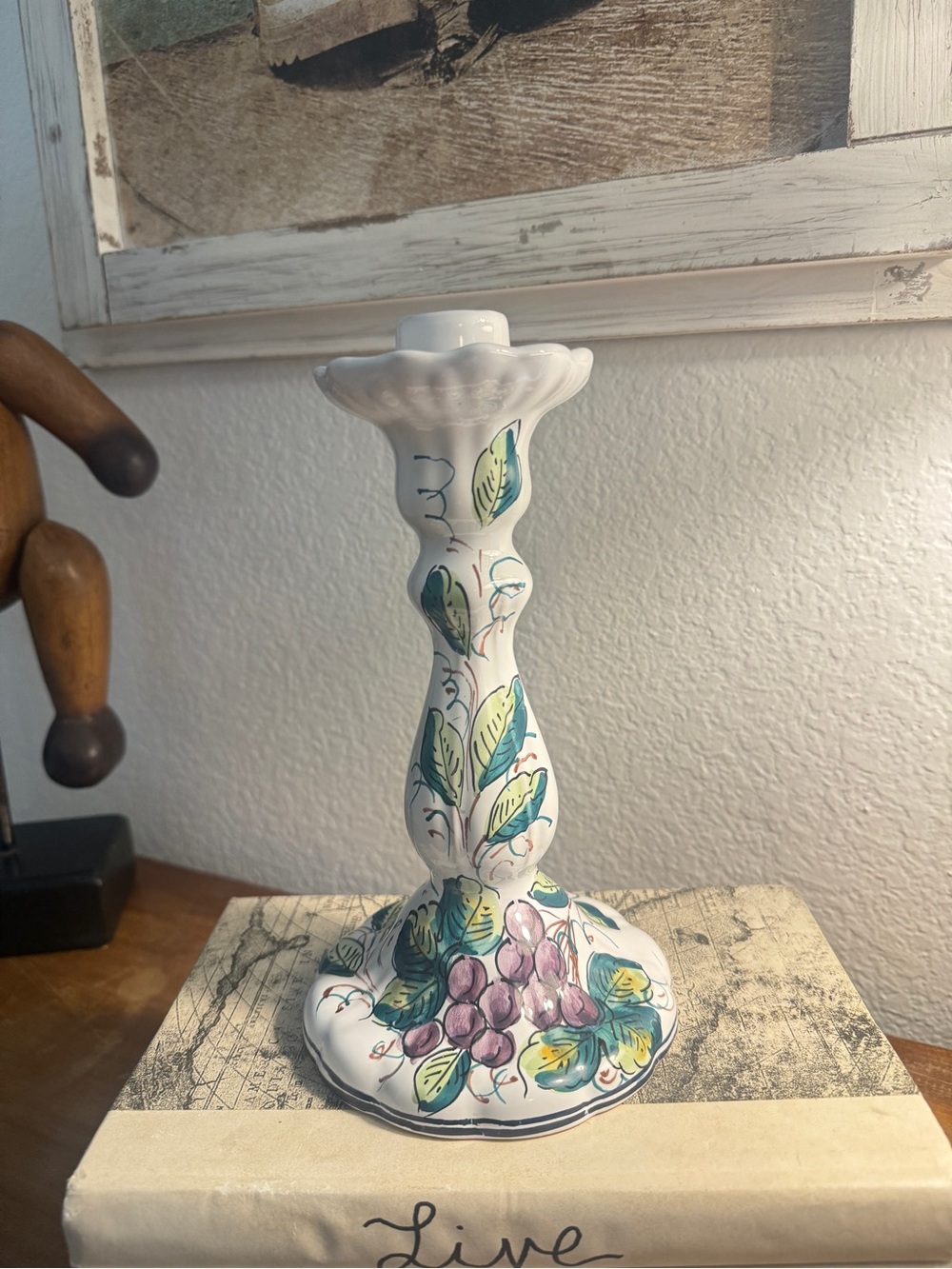 Vintage Italian Hand-Painted White Ceramic Candlestick with Grape Motif